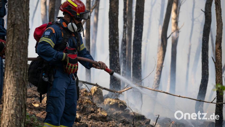 Hunderte Einsatzkräfte, darunter auch Feuerwehrleute aus Rumänien und Frankreich, kämpfen in der Nähe von Athen gegen einen Großbrand. Bild: Michael Varaklas/AP/dpa