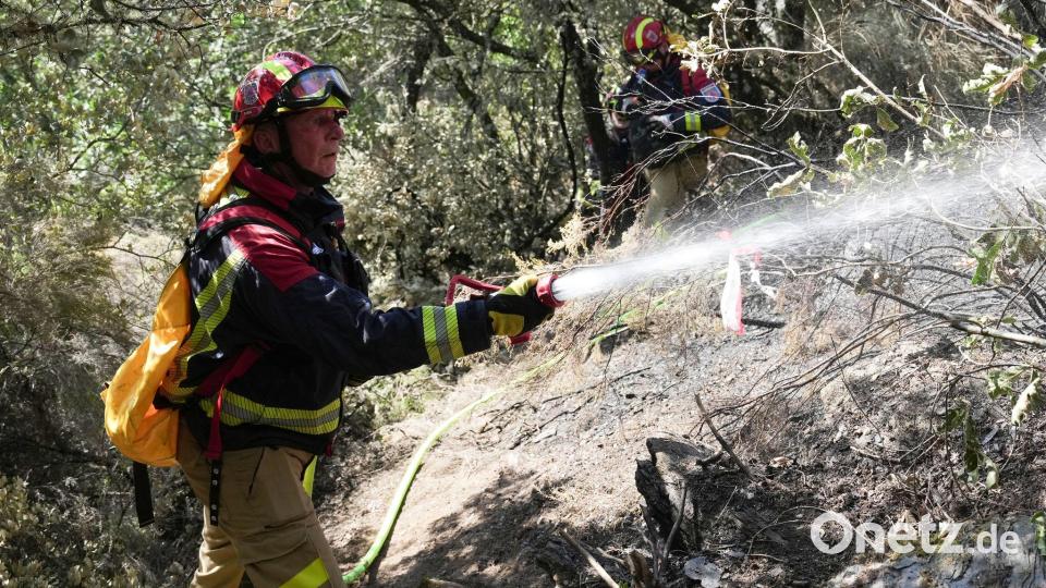 Einsatzkräfte einer für Waldbrände spezialisierten Feuerwehr aus Nordrhein-Westfalen unterstützen die Brandbekämpfung im Waldbrandgebiet in der Nähe der Ortschaft Moreda. Bild: Sven Kaeuler/dpa