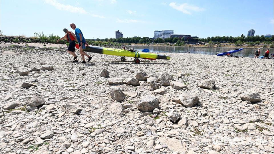 Personen ziehen ihre Kajaks über das bei Niedrigwasser ausgetrocknete Flussbett des Rheins bei Rodenkirchen. Bild: Roberto Pfeil/dpa