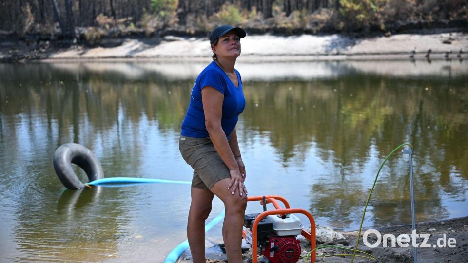 Maud hilft Freiwilligen, ihre Wassertanks zu befüllen. Bild: Katharina Kausche/dpa