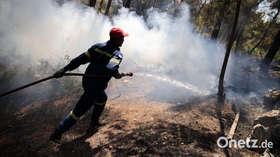 Ein Feuerwehrmann löscht ein Feuer in einem Waldgebiet bei Psatha. Bild: Socrates Baltagiannis/dpa