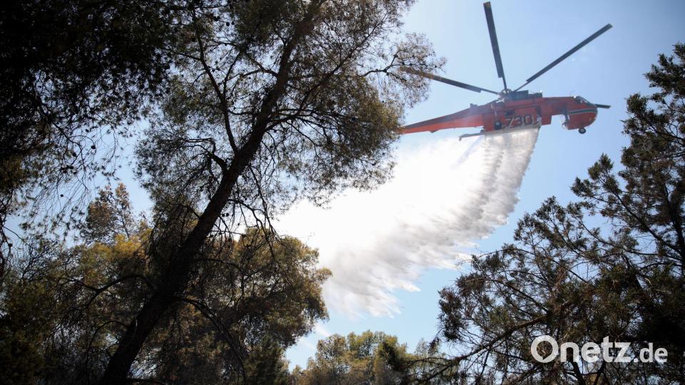 Ein Löschhubschrauber wirft Wasser über einem Wald in Griechenland ab. Bild: Socrates Baltagiannis/dpa