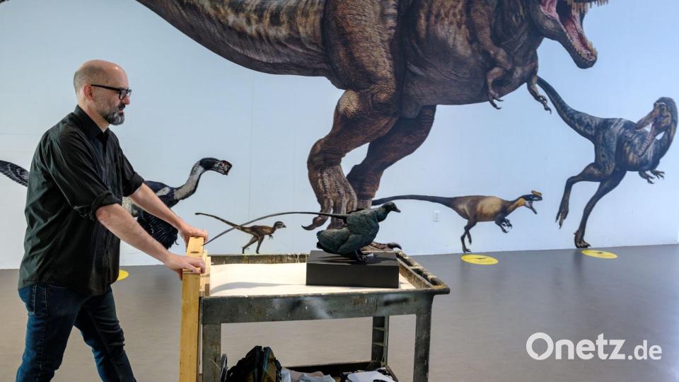 Das Modell eines Microraptors auf einem Wagen im Museum zeigt, wie groß selbst die kleinsten Dinosaurier waren. (Handout) Bild: Alvaro Keding/AMNH/dpa