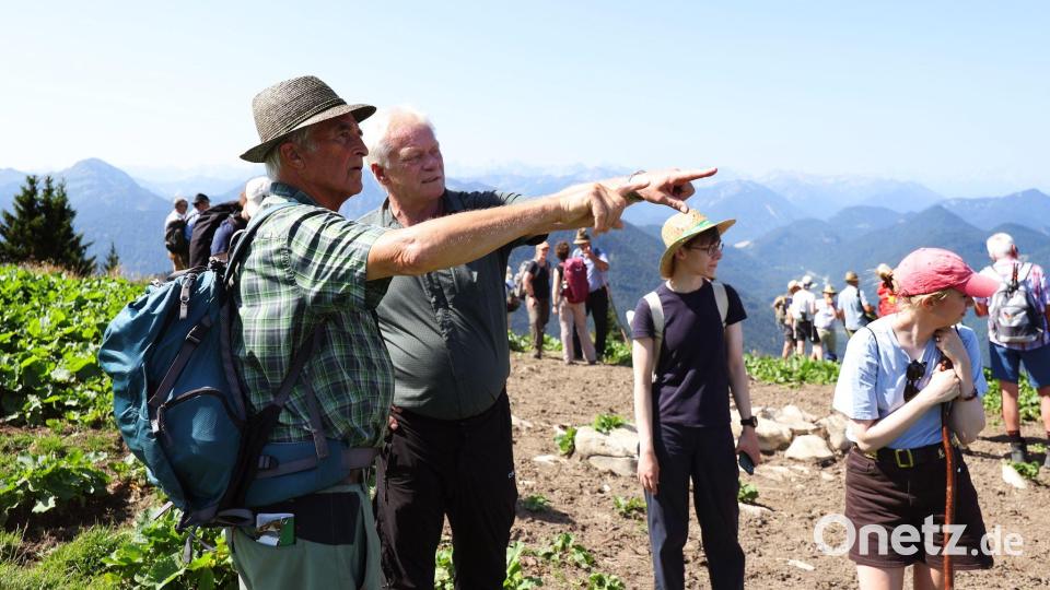 Alois Rainer (M, CSU), Bundeslandwirtschaftsminister, steht bei der Hauptalmbegehung des Almwirtschaftlichen Vereins Oberbayern mit den anderen Teilnehmern auf dem Schönberg. (zu dpa: «Almbauern kämpfen mit Bürokratie und Klimawandel») Bild: Karl-Josef Hildenbrand