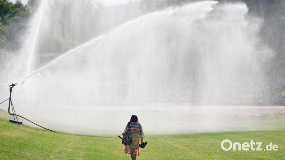 Frau geht vor Rasensprenger über Neckarwiese Bild: Uwe Anspach/dpa