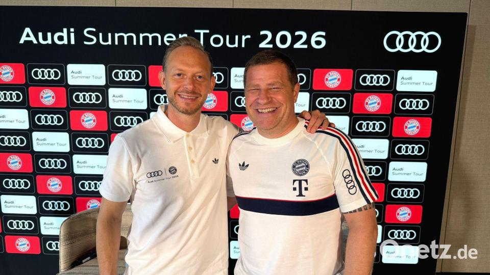 Die Bayern-Vorstände Rouven Kasper (l) und Max Eberl sind zufrieden. Bild: Christian Kunz/dpa