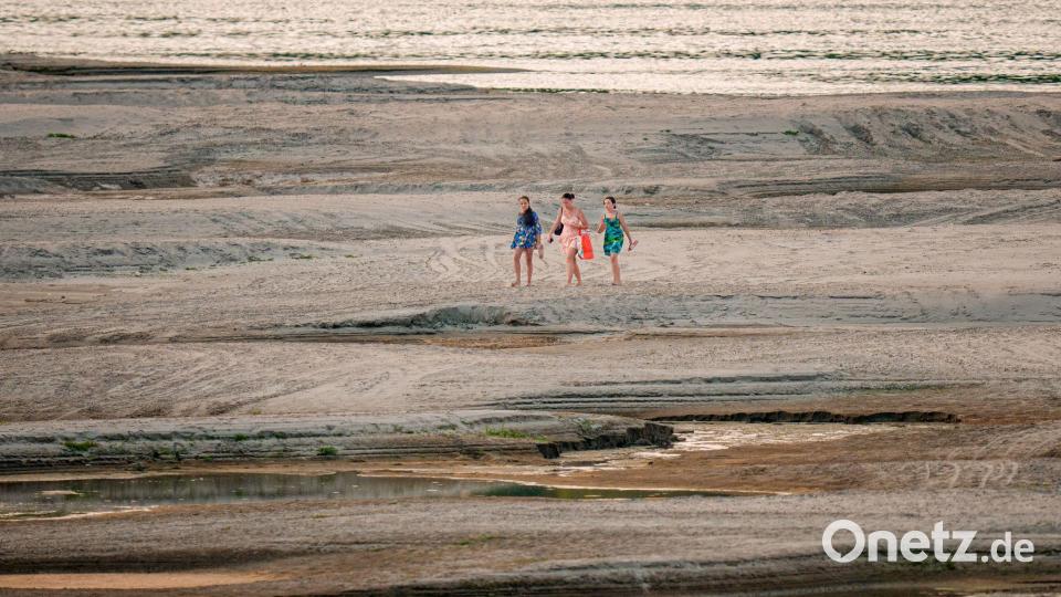 Drei Menschen spazieren in Rumänien über freigelegte Sandbänke der Donau Bild: Andreea Alexandru/AP/dpa
