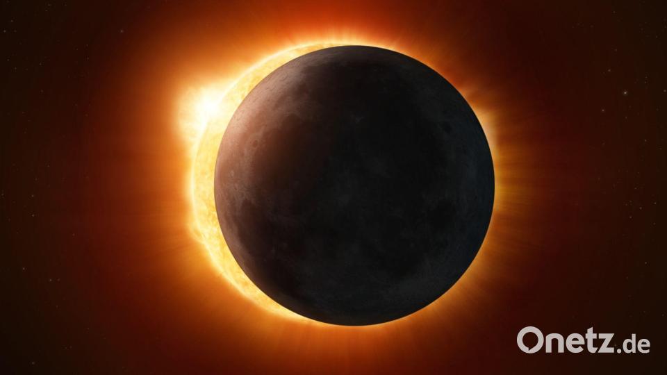 Künstlerische Darstellung einer Sonnenfinsternis. Der Mond steht genau vor der Sonne, so dass sein Schatten auf die Erde fällt. Bild: Handout / Berlin/Esa/dpa