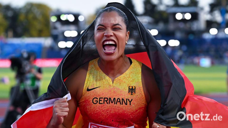 Leichtathletik: Europameisterschaft, Frauen, Kugelstoßen, Finale, Yemisi Mabry (Deutschland) jubelt über den dritten Platz. Bild: Sven Hoppe/dpa