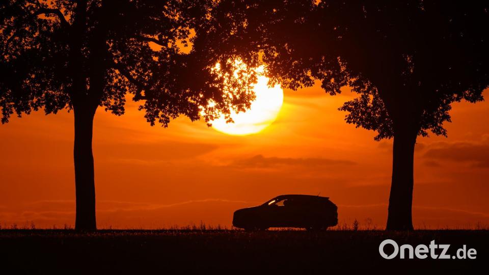 Ein Auto fährt im farbenprächtigen Sonnenuntergang über eine Allee bei Sieversdorf, im östlichen Brandenburg. Bild: Patrick Pleul/dpa