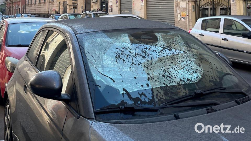 Auch die Scheiben von Autos sind mit Asche bedeckt. Bild: Lena Klimkeit/dpa