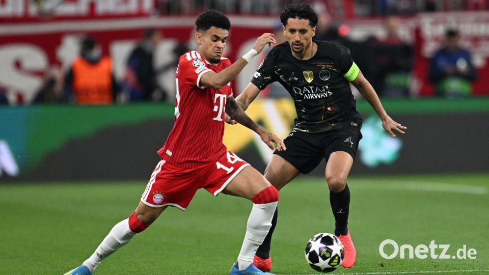 Bayern-Stürmer Diáz und PSG-Kapitän Marquinhos kämpfen um den Ball. Bild: Sven Hoppe/dpa