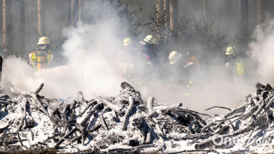 Feuerwehrleute löschen einen Böschungsbrand zwischen Sauerlach und Hofolding in der Nähe der Autobahn A8. Bild: Peter Kneffel/dpa