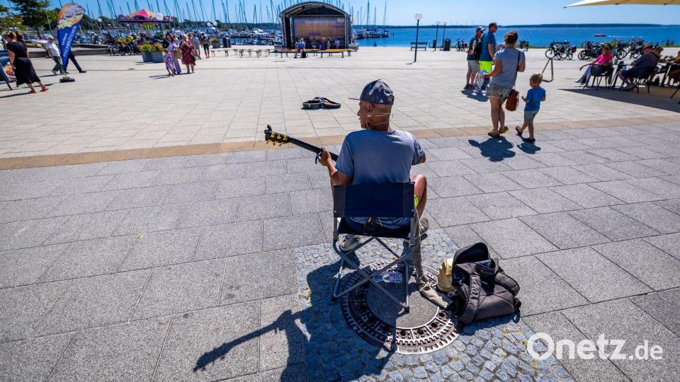 Sonniges Sommerwetter: Straßenmusiker spielt an der Promenade am Salzhaff Bild: Jens Büttner/dpa