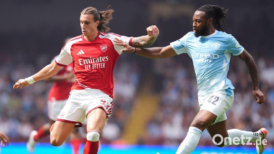 Riccardo Calafiori traf im Supercup gegen Pokalsieger Man City bereits nach 23. Minuten für Meister Arsenal. Bild: Nick Potts/PA Wire/dpa