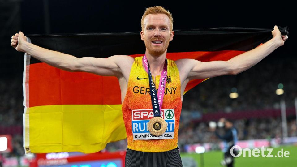 Leichtathletik-EM: Frederik Ruppert aus Deutschland jubelt nach dem 3.000-Meter-Hindernis-Rennen über Gold. Bild: Sven Hoppe/dpa