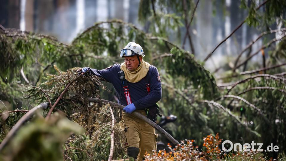 Ein Feuerwehrmann befeuchtet den Boden an den Brandstellen im Naturschutzgebiet „Hautes Fagnes“ (Hohen Venn). Bild: Julien Warnand//dpa