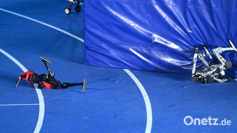 Die Roboter waren nach ihrem Lauf an einer Schutzwand abgeprallt. Bild: Johannes Neudecker/dpa