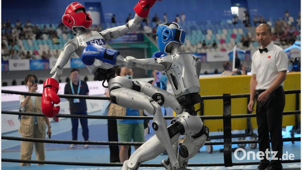 Kräftemessen unter Robotern beim „Free Combat“-Wettbewerb der World Humanoid Robot Games in Peking Bild: Achmad Ibrahim/AP/dpa