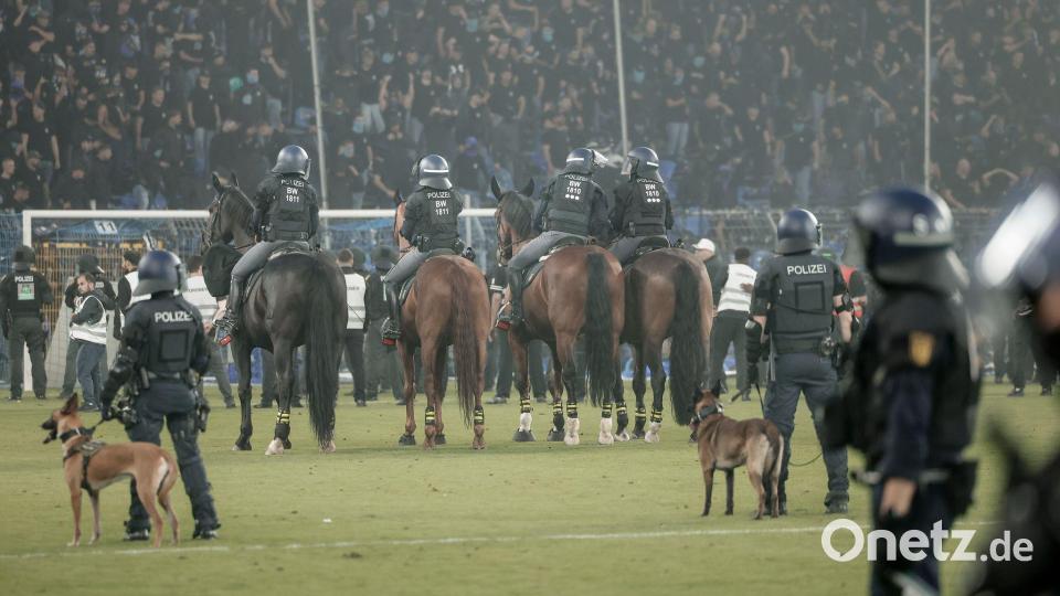 Beim DFB-Pokalspiel in Mannheim war auch berittene Polizei auf dem Spielfeld. Bild: Foto Huebner/dpa