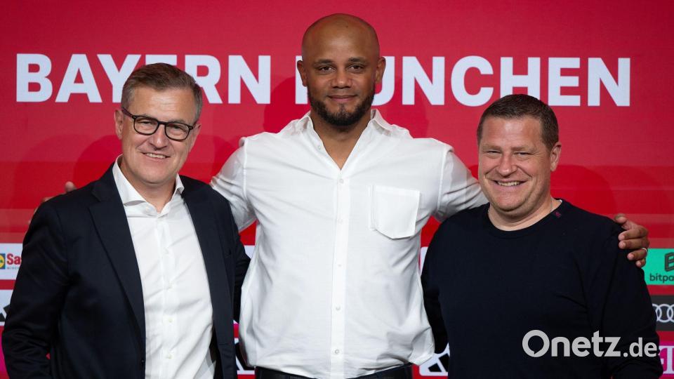 Ein Bayern-Trio für die Zukunft: Vorstandschef Jan-Christian Dreesen (v.l.), Trainer Vincent Kompany und Sportvorstand Max Eberl. (Archivbild) Bild: Sven Hoppe/dpa