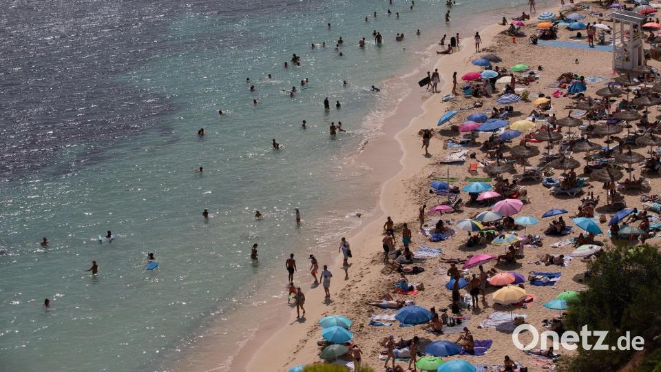 Menschen sonnen sich und entspannen am Meer am Strand von Caleta de Portals Nous auf Mallorca. Bild: Clara Margais/dpa
