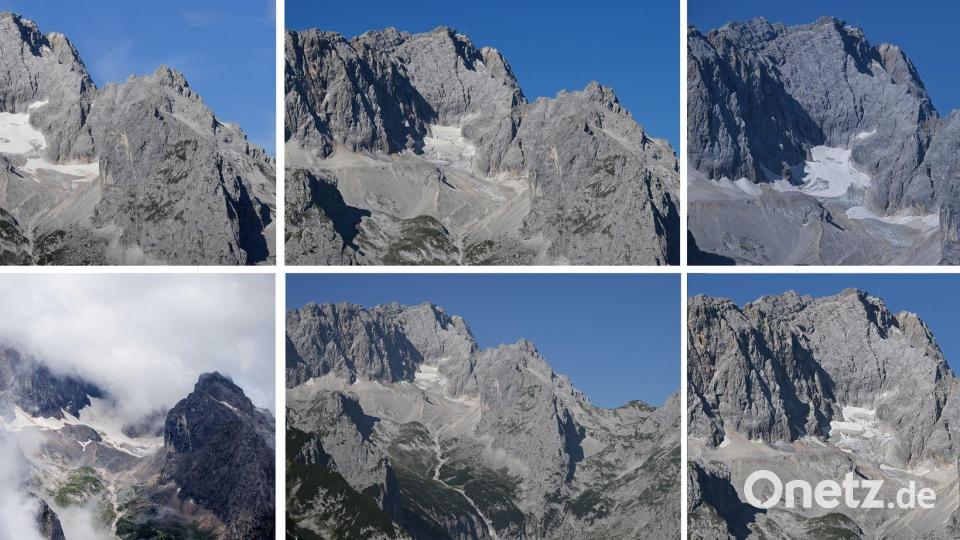 Die Fotos zeigen die Reste des Gletschers Höllentalferner - 2021 (oben links), 2022 (oben Mitte), 2023 (oben rechts), 2024 (unten links), 2025 (unten Mitte) und 2026 (unten rechts). Bild: Angelika Warmuth/Matthias Balk/dpa