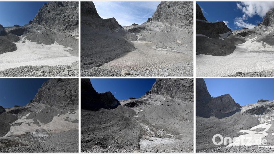 Die Fotos zeigen die Reste des Watzmanngletschers auf 2060 Metern - 2021 (oben links), 2022 (oben Mitte), 2023 (oben rechts), 2024 (unten links), 2025 (unten Mitte) und 2026 (unten rechts). Bild: Angelika Warmuth/dpa