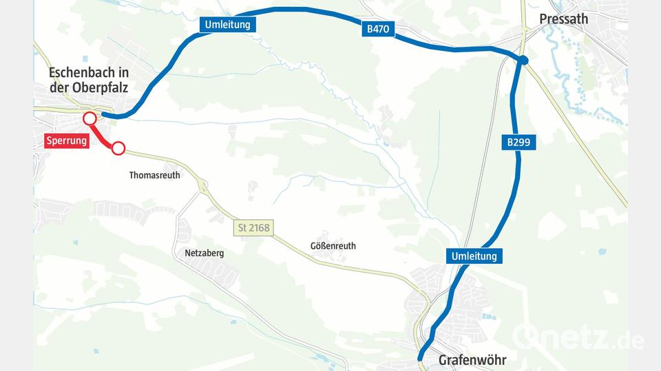 Um von Eschenbach nach Grafenwöhr und umgekehrt zu kommen, müssen nach Angaben des Staatlichen Bauamts Amberg-Sulzbach Verkehrsteilnehmer bis Mitte Dezember die Umleitungsstrecke über Pressath fahren. Grafik: Marina Gube