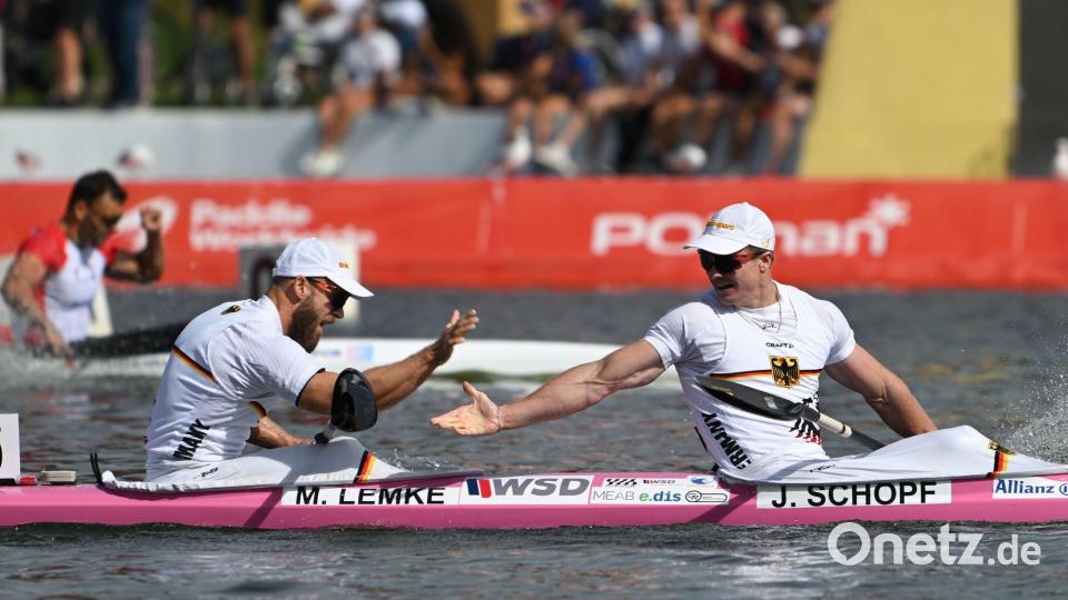 Jacob Schopf und Max Lemke holen endlich auch WM-Gold. Bild: Jakub Kaczmarczyk/PAP/dpa