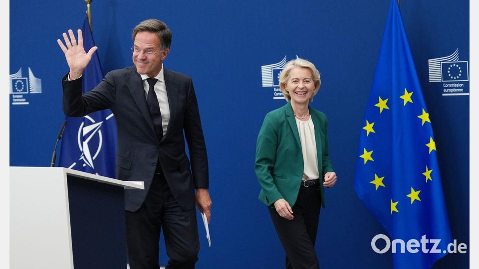 EU-Kommissionspräsidentin Ursula von der Leyen und Nato-Generalsekretär Mark Rutte äußern sich in Brüssel zum Vorfall mit einer Sprengstoffdrohne auf dem Flughafen Leipzig/Halle. Bild: Virginia Mayo/AP/dpa
