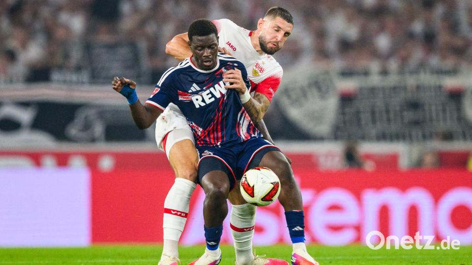 Jeff Chabot (hinten) und der VfB machten mächtig Druck gegen den 1. FC Köln. Bild: Tom Weller/dpa