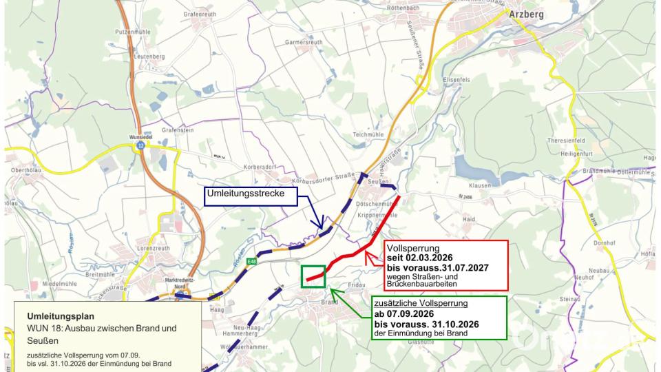 So sieht der Umleitungsplan des Staatlichen Bauamts Bayreuth für die Bauarbeiten auf der Kreisstraße WUN 18 aus. Bild: Staatliches Bauamt Bayreuth