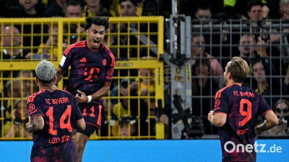 Franz-Beckenbauer-Supercup: Der Oberpfälzer Nathaniel Brown (oben) feiert seinen Treffer zum 0:1 mit Luis Díaz und Harry Kane. Bild: Federico Gambarini/dpa