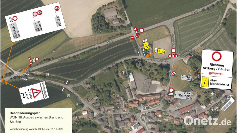 Der Beschilderungsplan des Bauamts für die Bauarbeiten auf der Kreisstraße WUN 18. Bild: Staatliches Bauamt Bayreuth