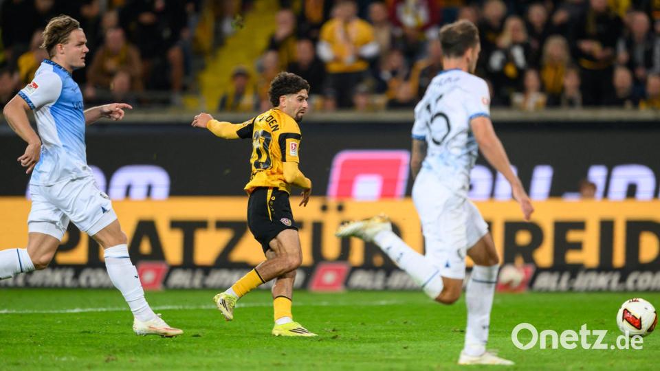 Ben Bobzien (M, Dynamo Dresden) trifft zum 1:2. Bild: Robert Michael/dpa
