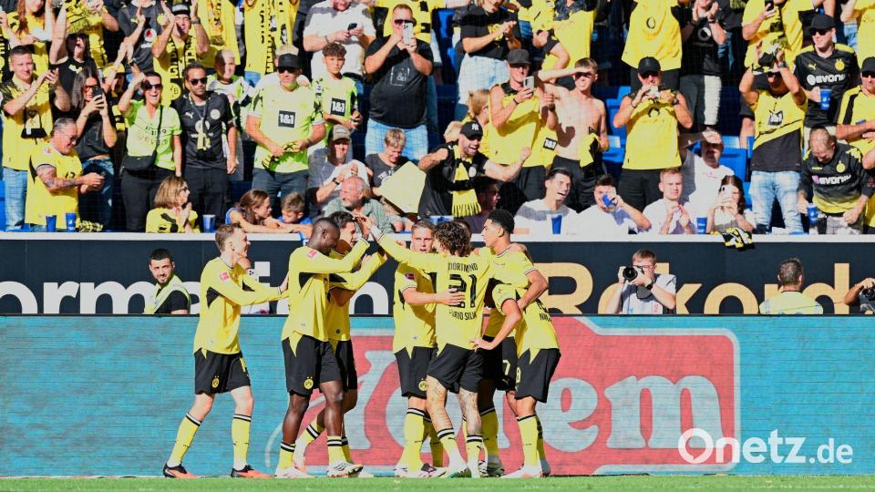 Gelbe Jubeltraube nach dem BVB-Siegtor in Sinsheim. Bild: Uwe Anspach/dpa