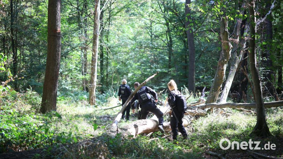 Die Polizei sucht mitten im Wald nach dem Verdächtigen. Bild: Christoph Reichwein/dpa