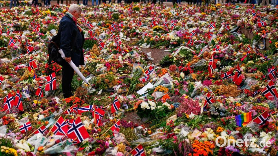 Ein Mann steht in Oslo zwischen den Blumengestecken für den verstorbenen norwegischen König Harald. Bild: Markus Schreiber/AP/dpa