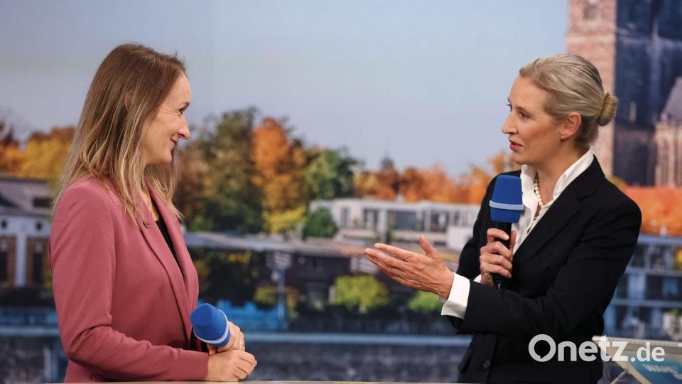 BSW-Spitzenkandidatin Claudia Wittig und AfD-Bundesvorsitzende Alice Weidel standen gemeinsam in einer Wahlsendung. Bild: Jan Woitas/dpa