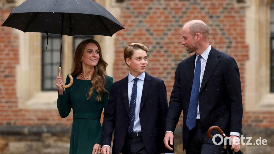 Prinz George beginnt in Begleitung seiner Eltern, Prinz William und der Prinzessin Kate, seinen ersten Tag am Eton College in Windsor, Berkshire. (zu dpa: «Schulstart im Elite-Internat: Prinz George kommt in Eton an») Bild: Adrian Dennis