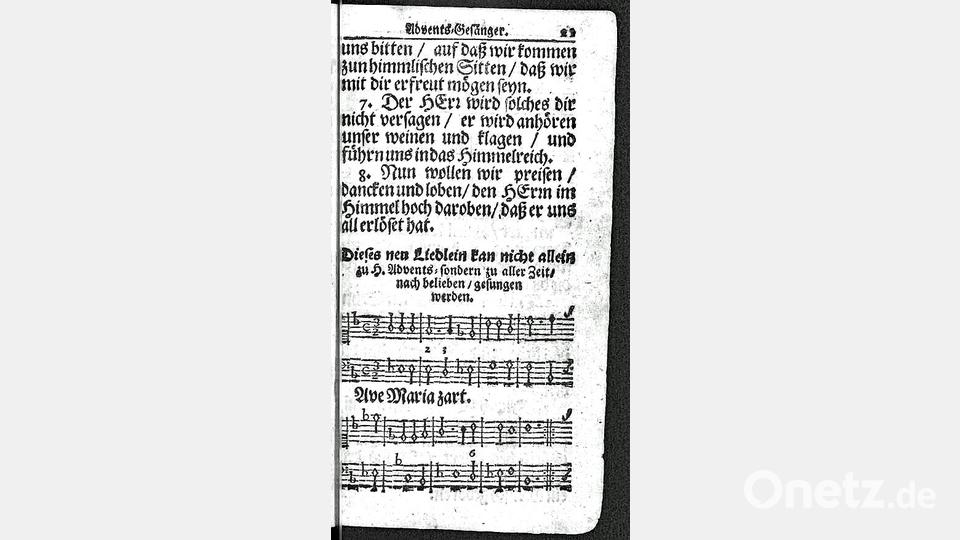 Unter „Advents-Gesänger“ beginnt auf Seite 21/Mitte in Brauns Gesangbuch das Lied „Ave Maria zart“. Bild: Universitätsbibliothek der LMU München, W 8 Liturg. 457
