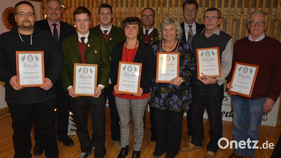 Seit 10, 25, 40 und 50 Jahren gehören diese Mitglieder dem Schützenverein Königshütte an. Unser Bild zeigt (von links) Christian Seitz, Bürgermeister Johann Burger, Julian Männer, Marco Kliebhan, Gerlinde Pfohl, Vorsitzender Eberhard Kirchner, Theresia Kirchner, Gauschützenmeister Manfred Zölch, Hermann Mayer und Dieter Menzel. Bild: jr