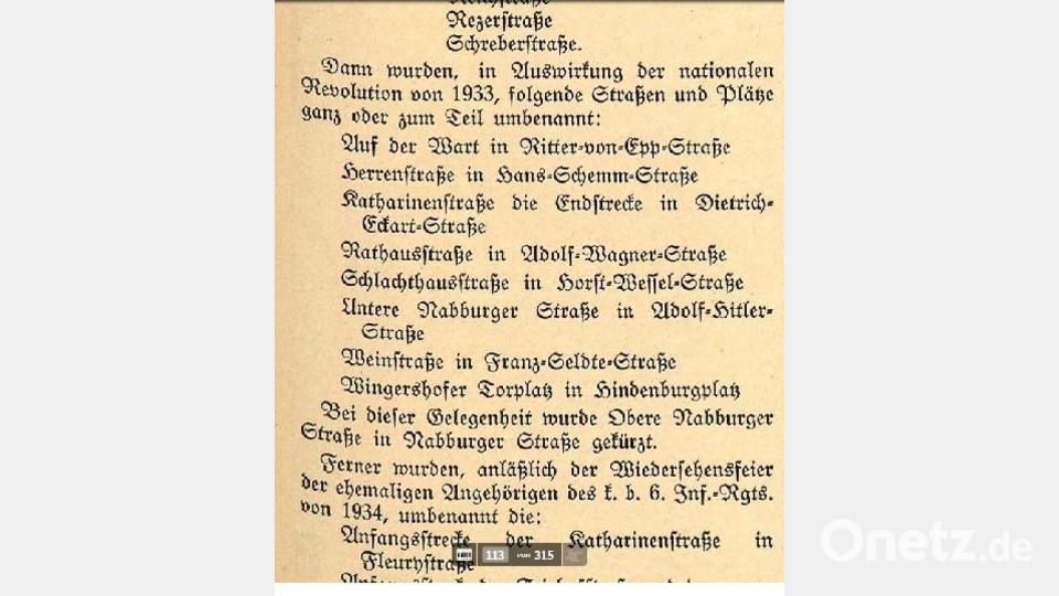 Straßenumbenennung aus dem Einwohnerverzeichnis der Stadt Amberg 1935. Bild: exb