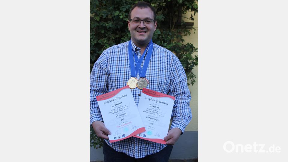 Vereinsmitglied Andreas Stock kam im August mit einem Mannschafts-Weltmeisterschaftstitel, einer Goldmedaille, einem neuen Weltrekord und einer zusätzlichen Bronzemedaille von den Weltmeisterschaften aus Österreich zurück. Bild: frd