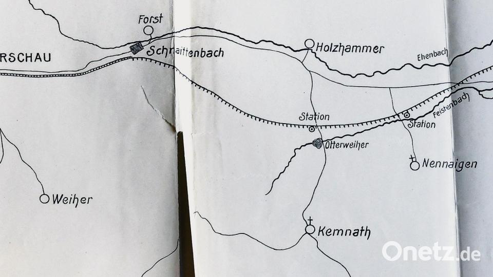 So stellen sich 1905 die Mitglieder des Lokalbahn-Komitees den Streckenverlauf von Hirschau über Schnaittenbach bis Wernberg vor. Der Entwurf lagert heute im Staatsarchiv. Bild: Petra Hartl