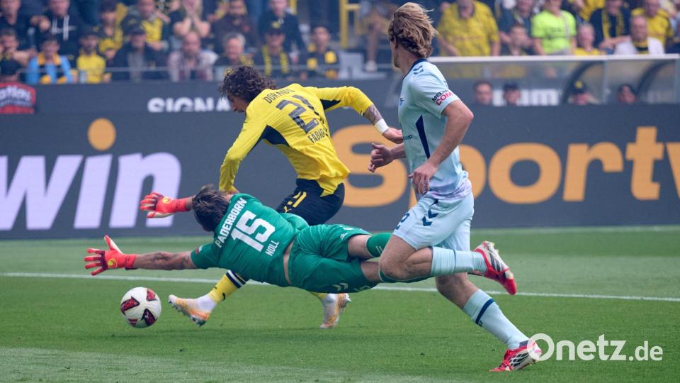 Fábio Silva (M) brachte den BVB früh in Führung. Bild: Bernd Thissen/dpa