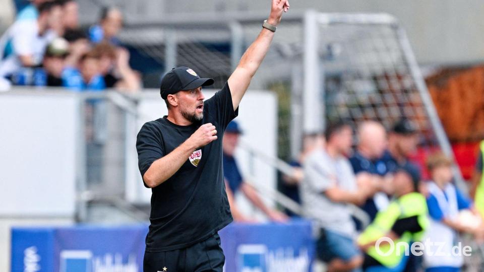 VfB-Trainer Sebastian Hoeneß hat ein Foul an Stiller im Strafraum gesehen. Bild: Uwe Anspach/dpa