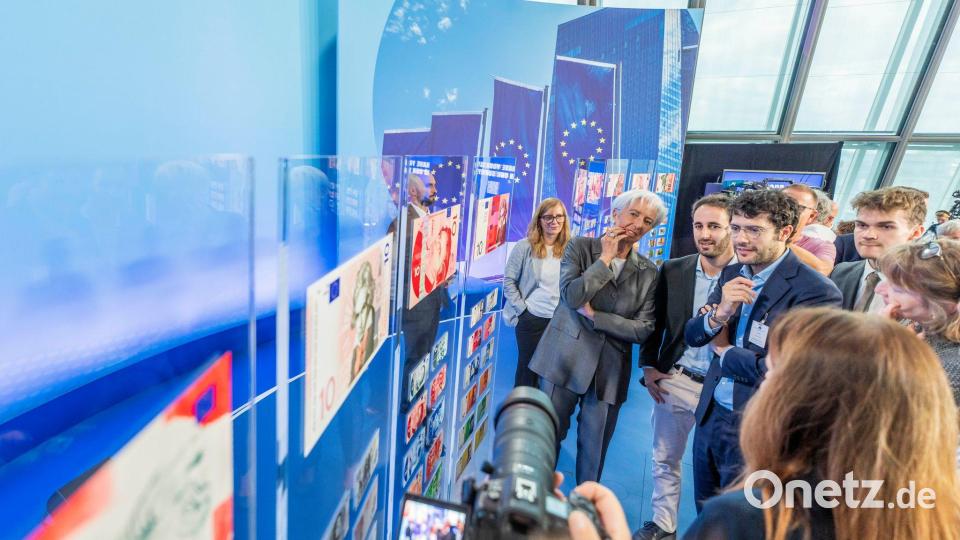 Die EZB hat Ende 2021 einen Prozess zur Neugestaltung der Geldscheine angestoßen. Im Juli 2026 stellte EZB-Präsidentin Christine Lagarde die Gestaltungsentwürfe vor, die in die engere Wahl gekommen sind. (Archivbild) Bild: Andreas Arnold/dpa