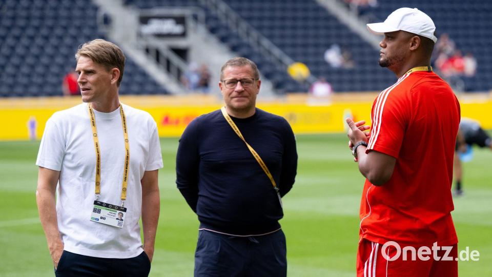 Verantwortlich für die Bayern-Profis: Sportdirektor Christoph Freund (links), Sportvorstand Max Eberl (Mitte) und Trainer Vincent Kompany. (Archivbild) Bild: Sven Hoppe/dpa